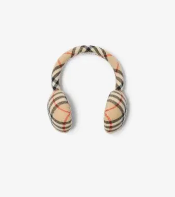 Check Wool Cashmere Earmuffs in Sand beige
