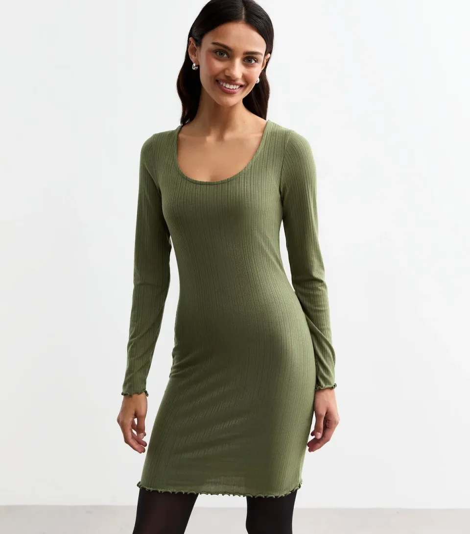 Women's Khaki Scoop Neck Ribbed Mini Dress