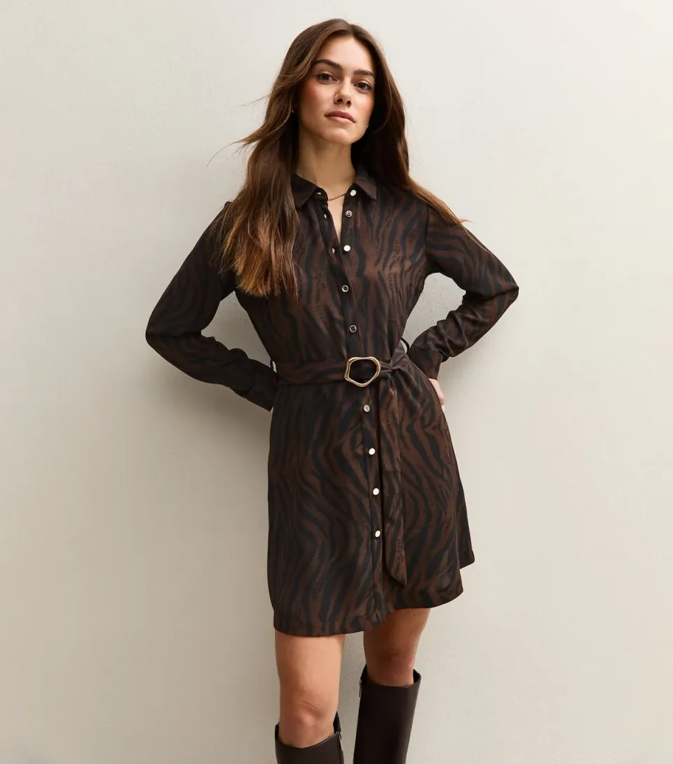 Women's Petite Brown Tiger Print Buckle Detail Mini Shirt Dress