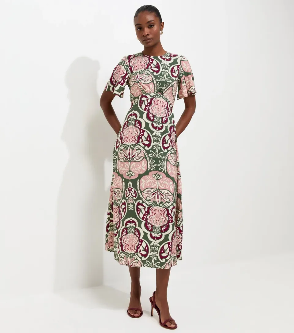 Women's Green Floral Angel Sleeve Midi Dress