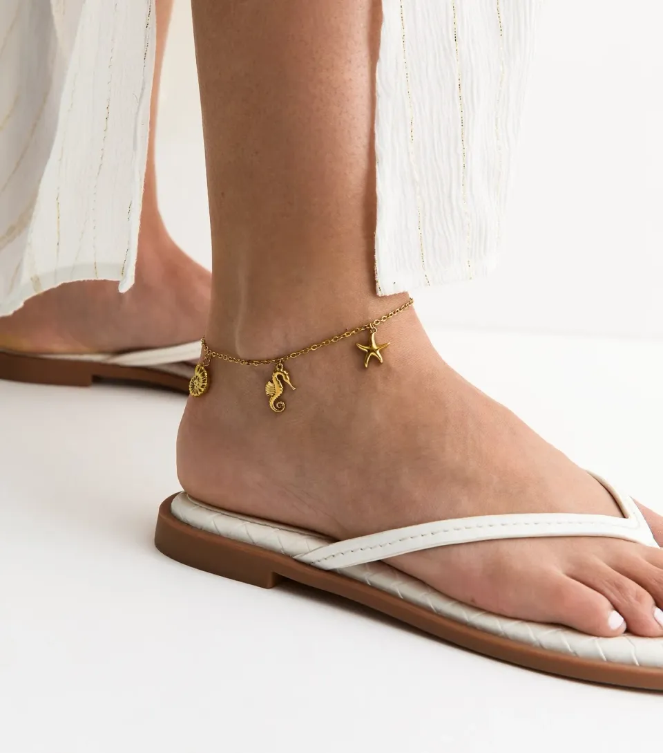 Gold Tone Waterproof Coastal Charm Chain Anklet