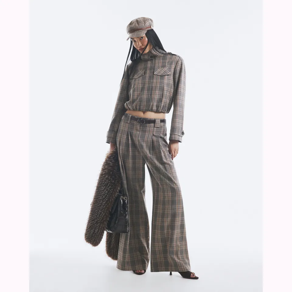 Belted Check Wide Leg Trousers