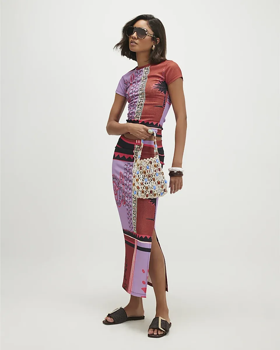 Patchwork Textured Midi Skirt