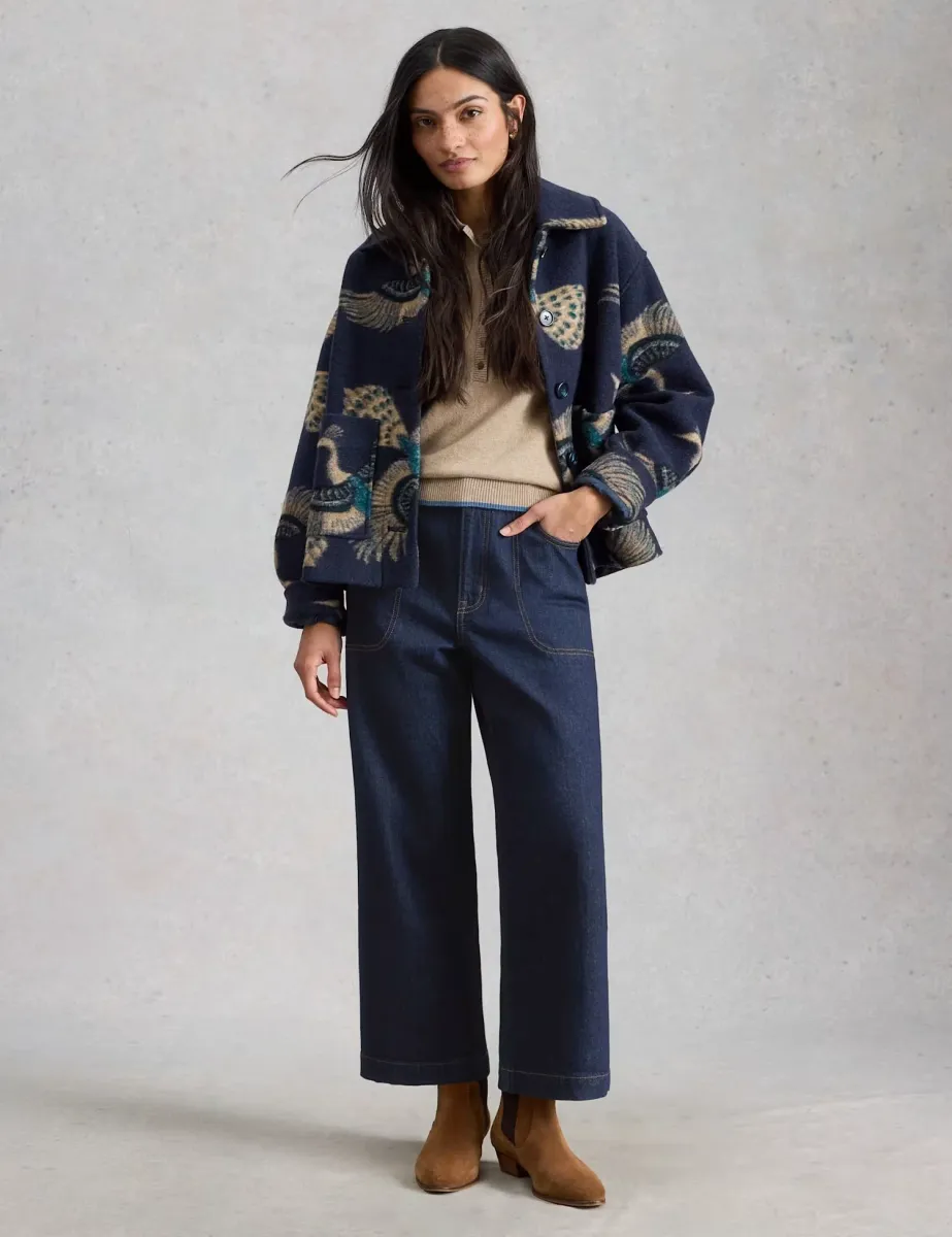 Mid Rise Wide Leg Cropped Jeans Dark Blue Denim