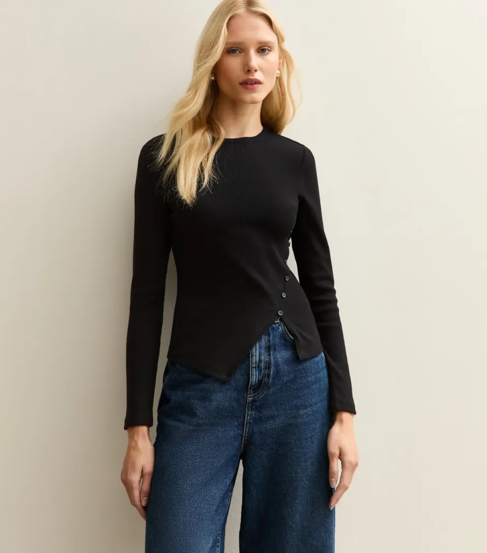Women's Off White Asymmetric Button Long Sleeve Top
