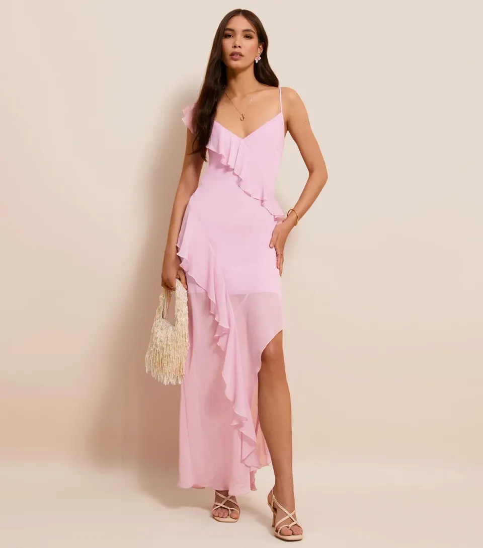 Women's Lilac Chiffon Ruffle Trim Strappy Midi Dress