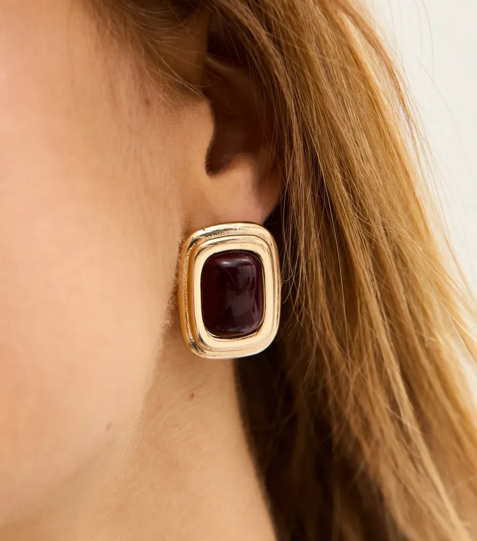 Gold Tone Contrast Stone Rectangular Earrings