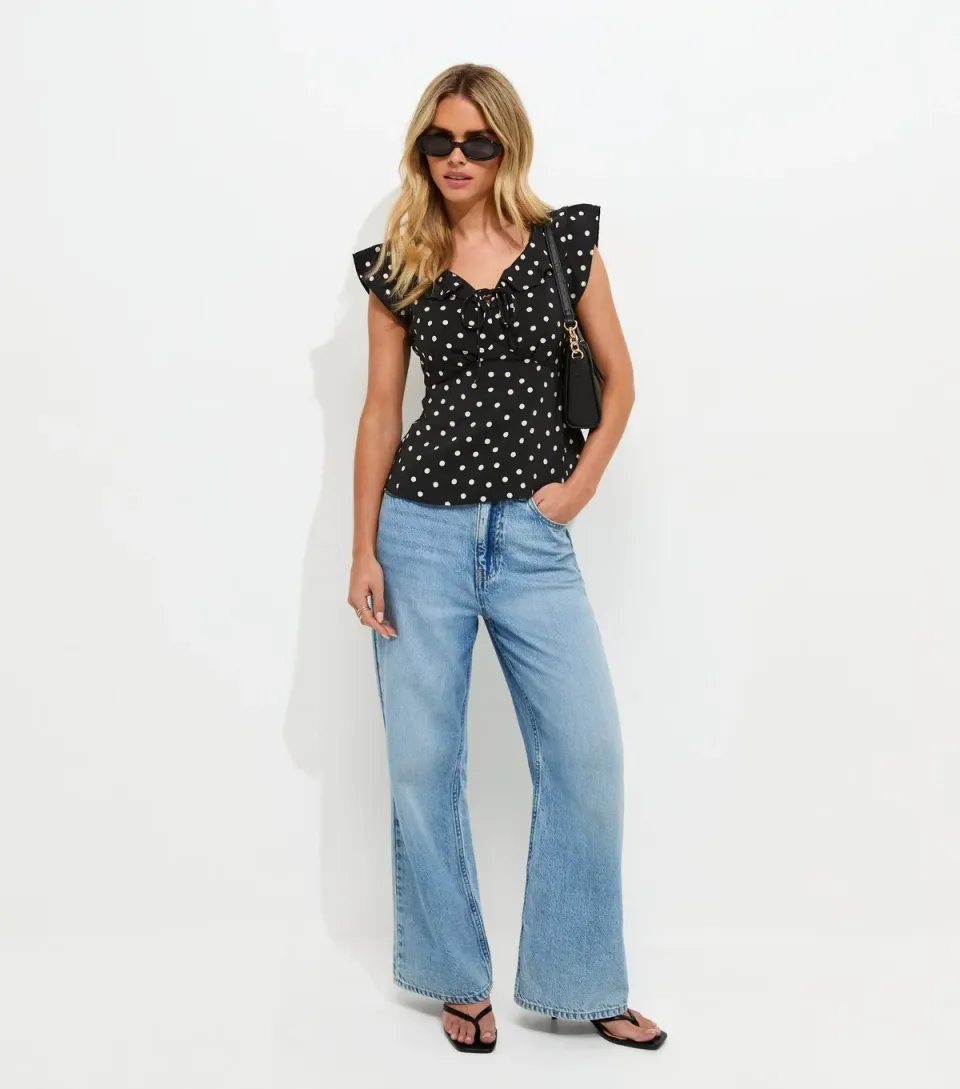 Women's Petite Black Polka Dot Frill Trim Tea Top