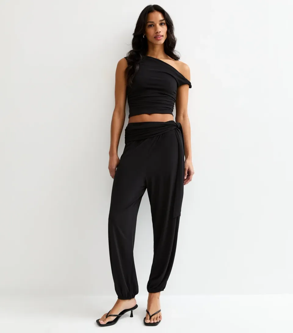 Women's Black Tie Waist Tapered Trousers