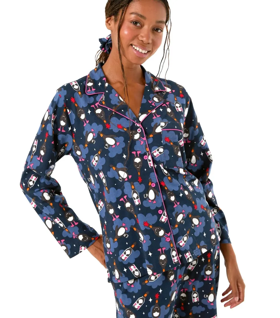 Women's Penguin Print Long Sleeve Pyjama Set With Scrunchie