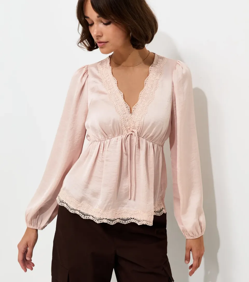 Women's Pale Pink Satin Lace Trim Long Sleeve Blouse