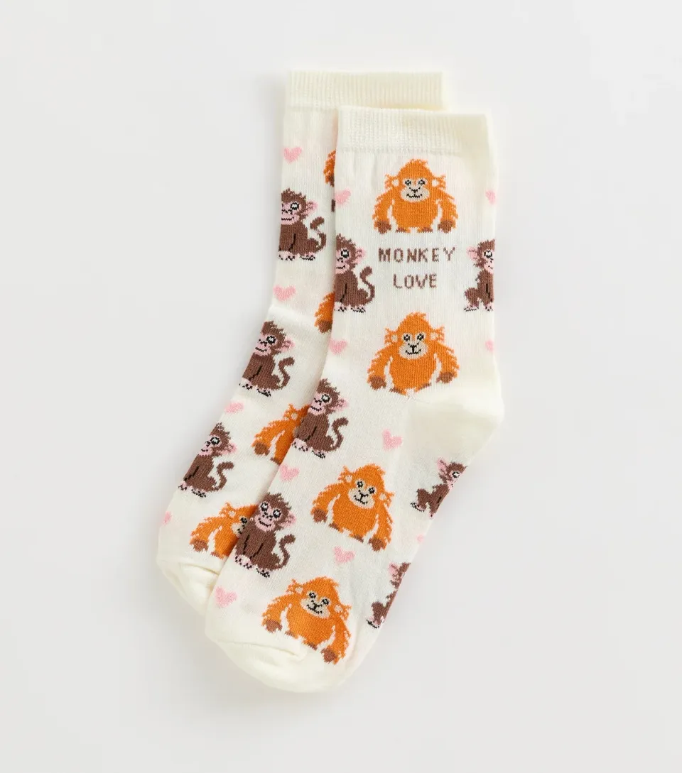 Cream Cotton Rich Monkey Love Ankle Socks