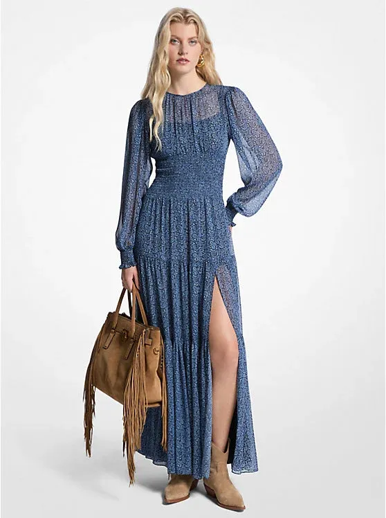 Metallic Paisley Print Georgette Smocked Maxi Dress
