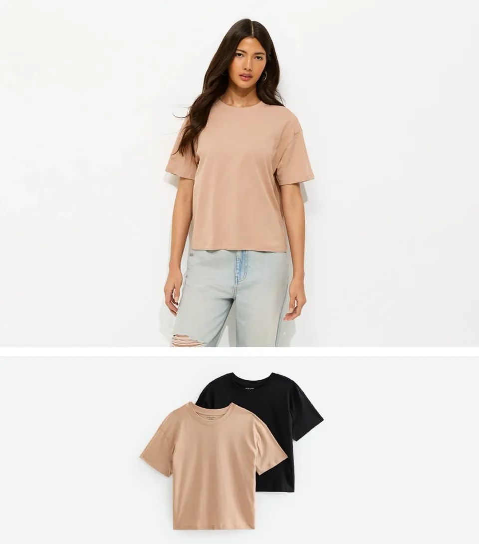 Women's Pack Of 2 Tan Cotton Boxy Tee