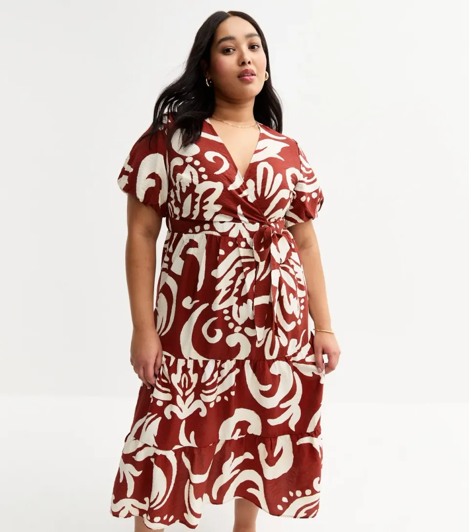 Women's Plus Size Red Printed Wrap Midi Dress Curves