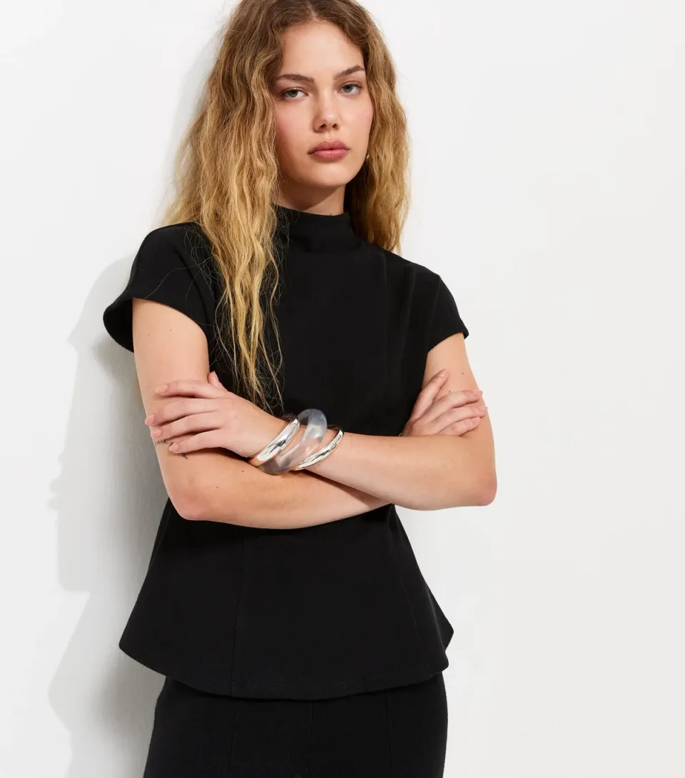 Women's Black Cotton Rich Soft Touch High Neck Peplum Top
