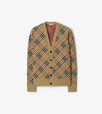 Check Cotton Wool Cardigan in Sand beige