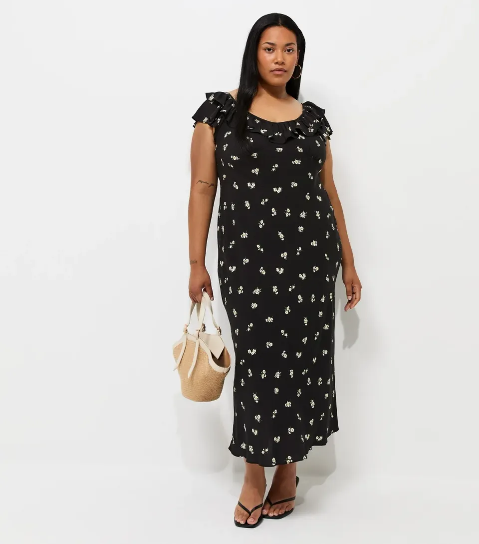 Women's Plus Size Black Floral Print Ruffle Neck Midi Dress Curves