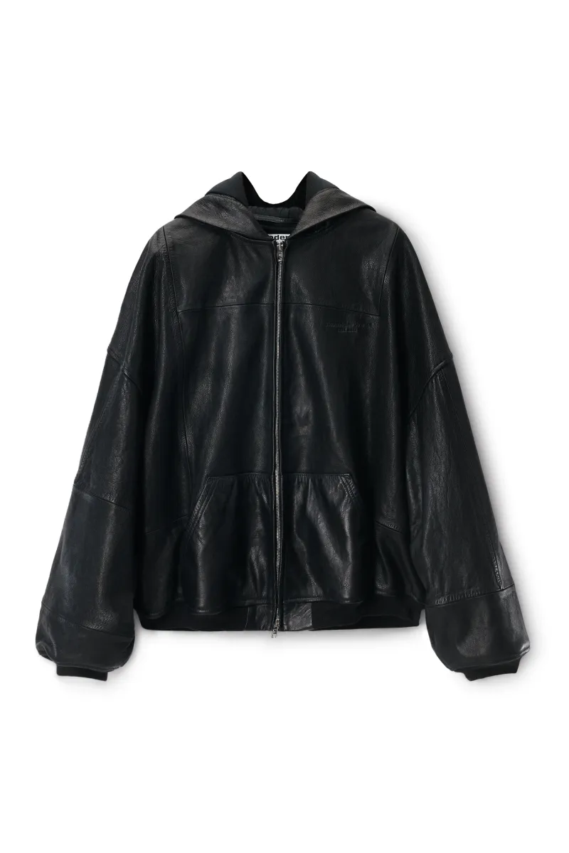 Black Worn Moto Leather Hoodie Jacket