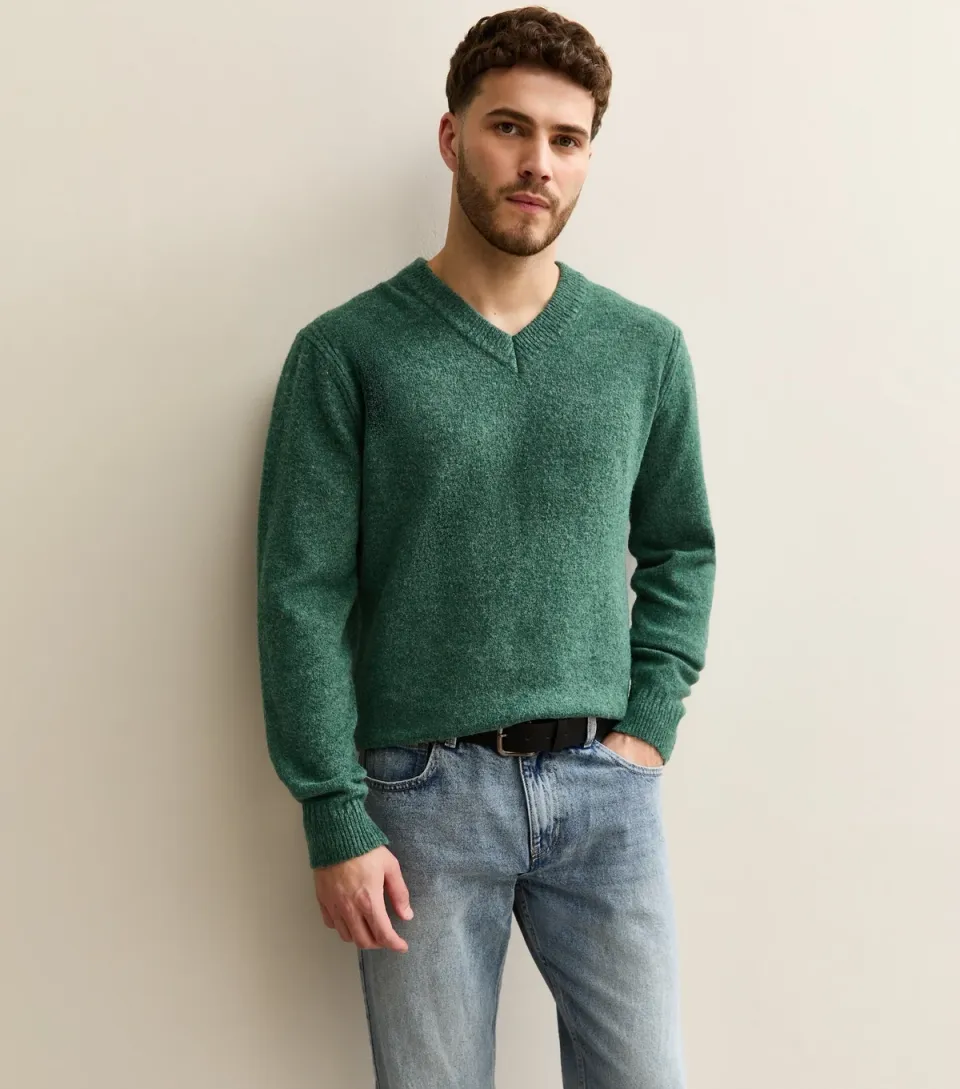 Men's Dark Green Regular Brushed V Neck Jumper