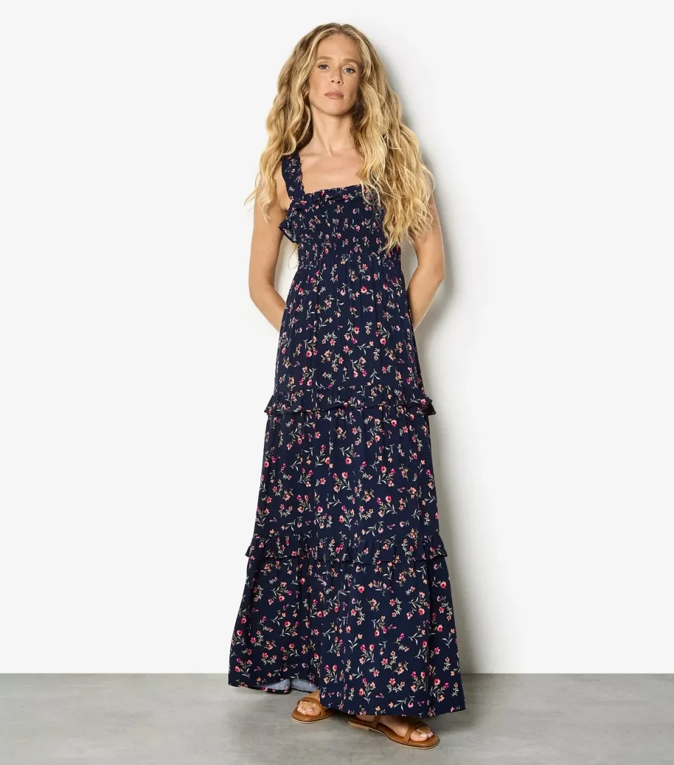 Women's Navy Ditsy Floral Shirred Maxi Dress