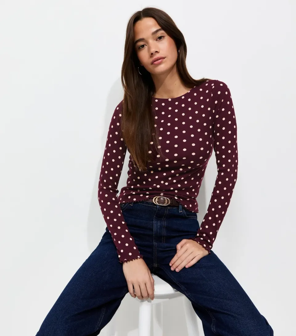 Women's Burgundy Cotton Rich Polka Dot Babylock Long Sleeve T-Shirt