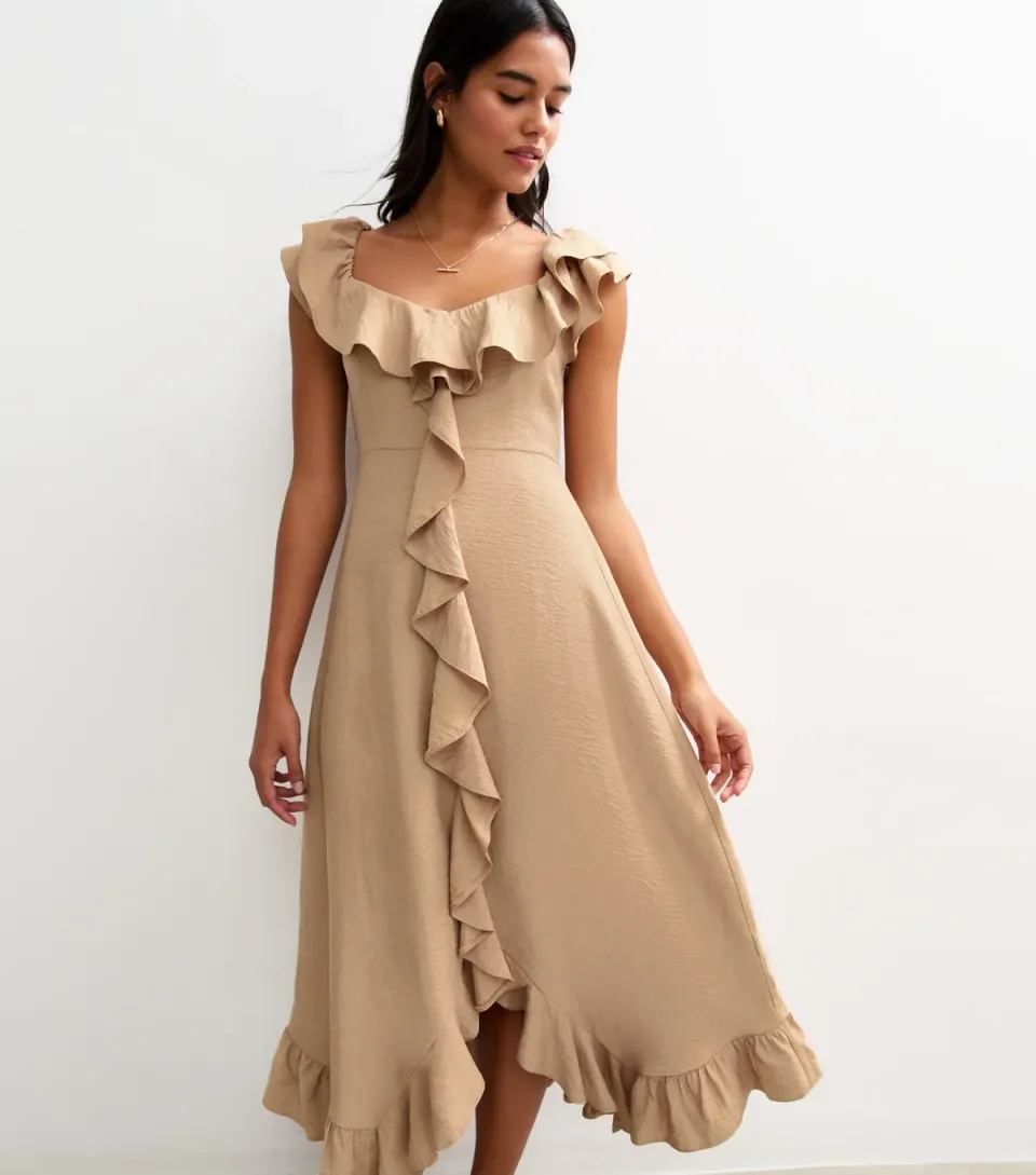 Women's Stone Ruffled Trim Asymmetric Hem Midi Dress