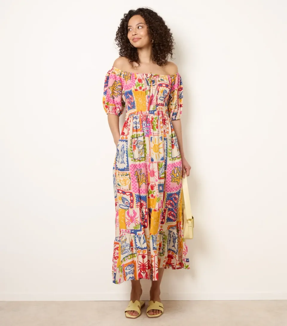 Women's Multicolour Tie Front Shirred Waist Midi Dress
