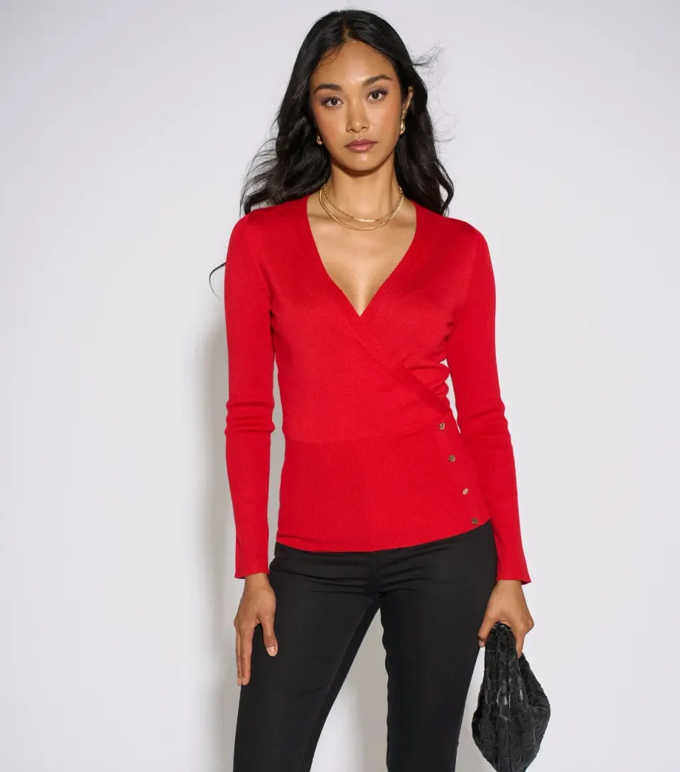Women's Bright Red Knitted Gold Button Top