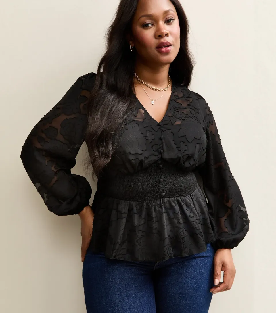 Women's Plus Size Black Floral Jacquard Long Sleeve Blouse Curves