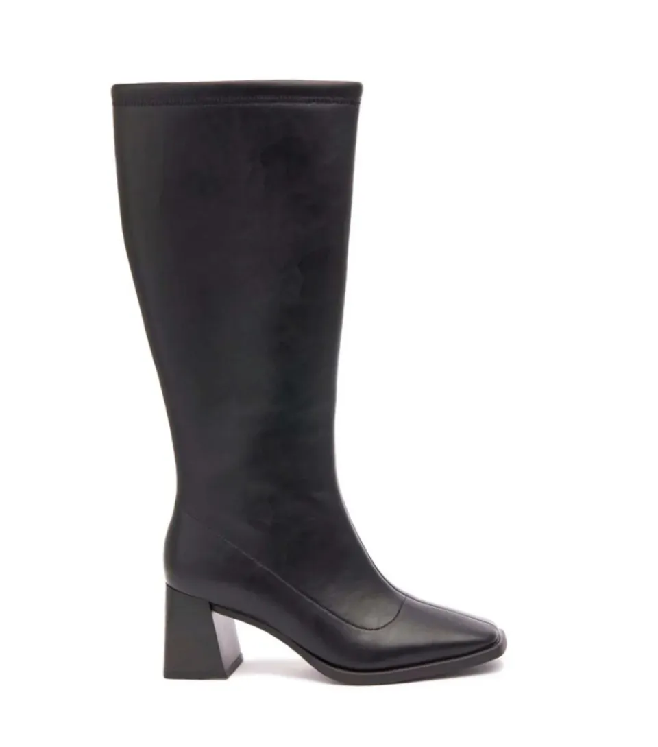 Women's Black Faux Leather Block Heel Knee High Boots
