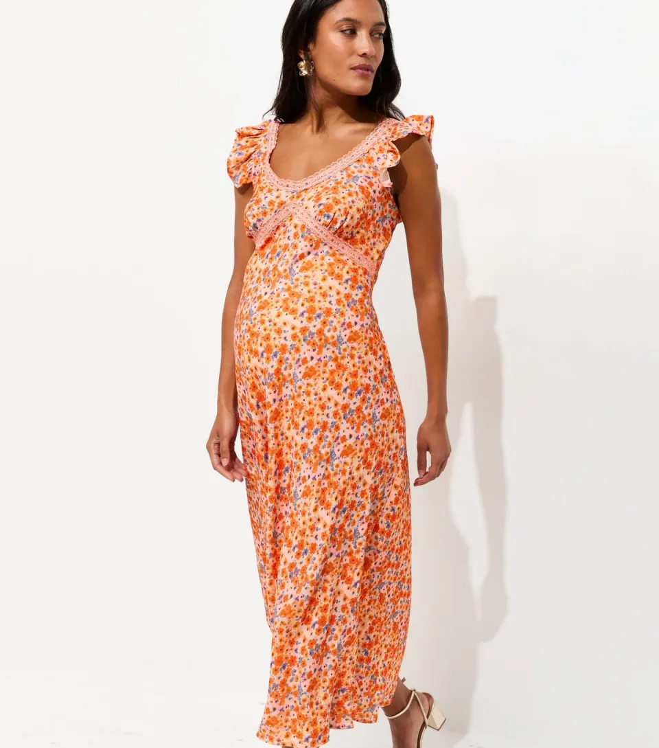 Women's Maternity Orange Floral Lace Trim Frill Sleeves Midi Dress