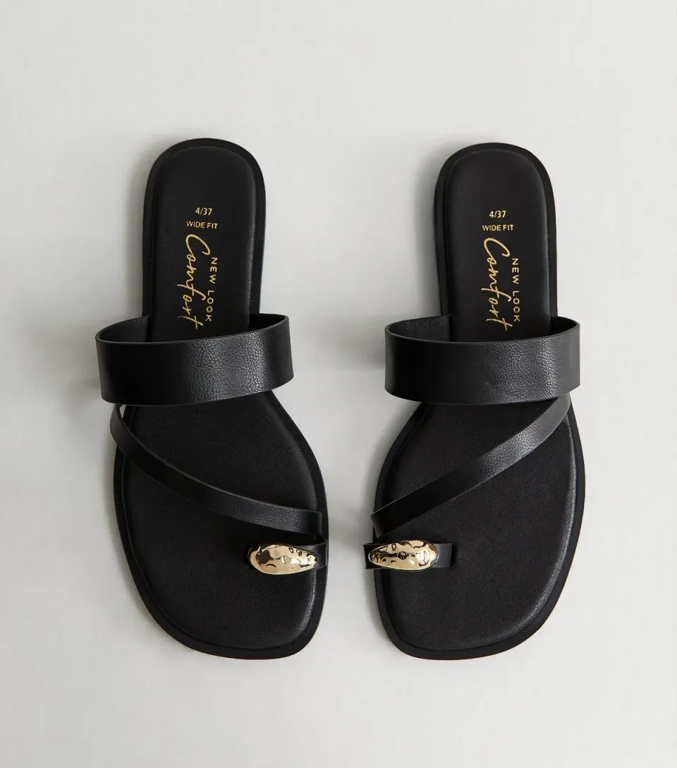 Women's Wide Fit Black Faux Leather Metal Toe Ring Mules Vegan