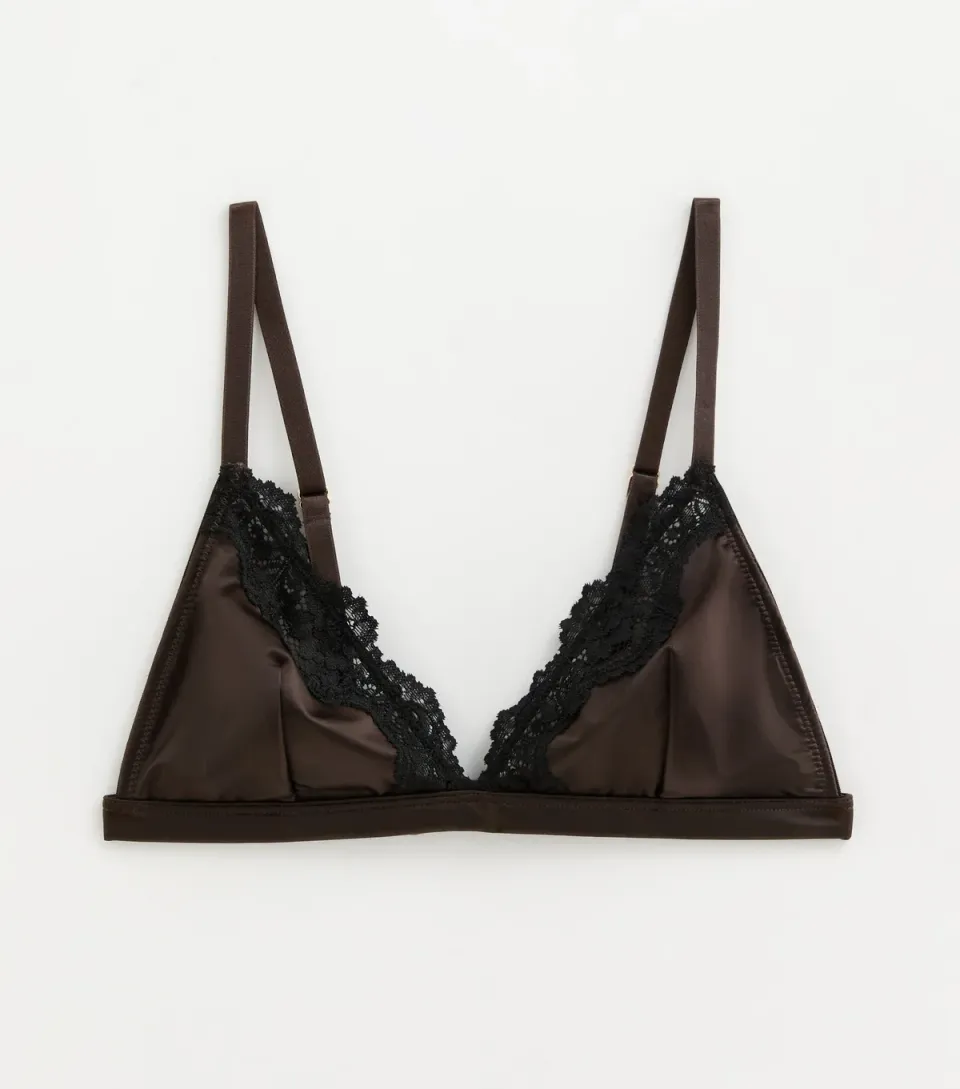 Women's Dark Brown Satin and Lace Non Padded Triangle Bralette