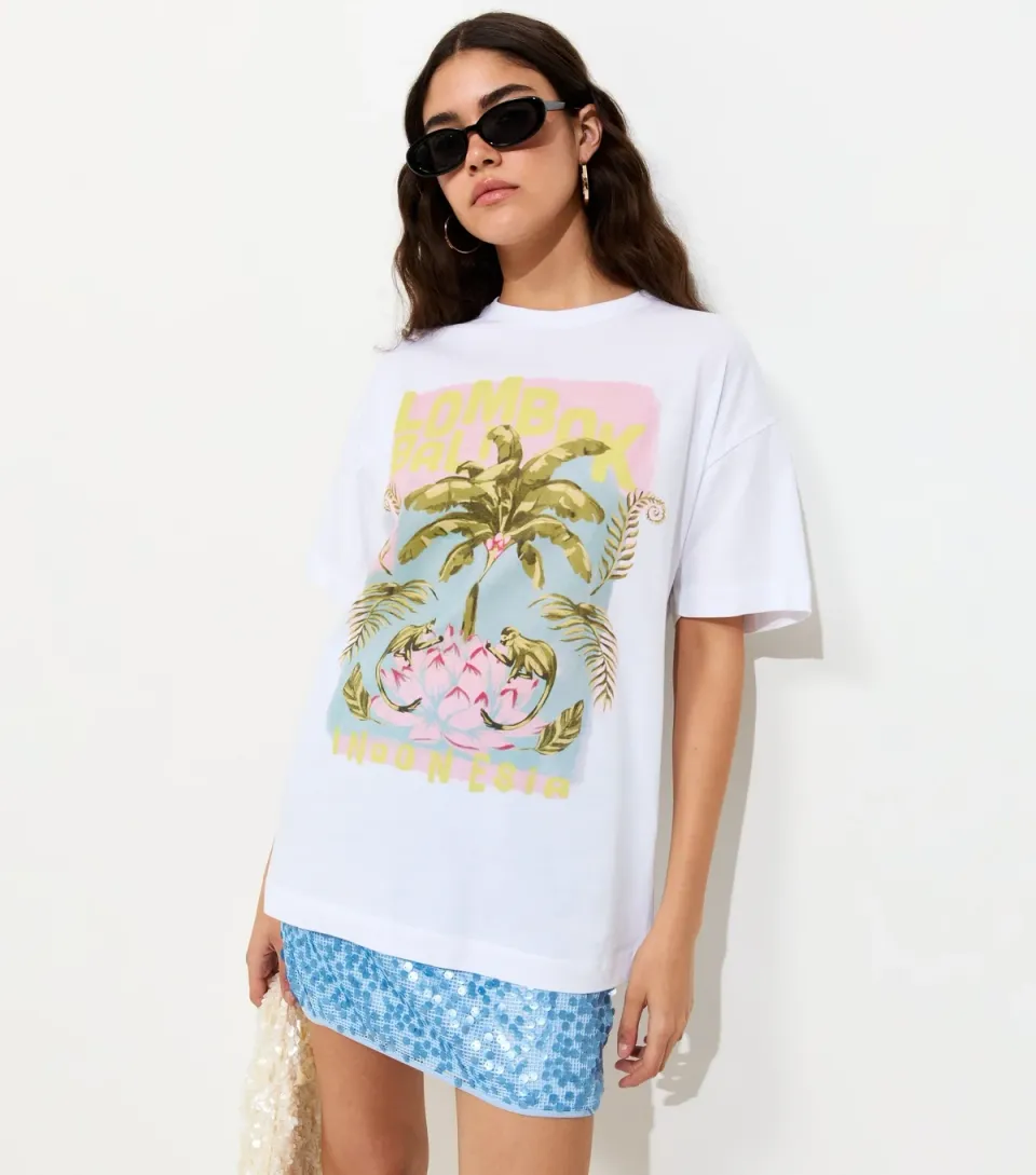 Women's White Cotton Palm Tree Print Oversized T-Shirt