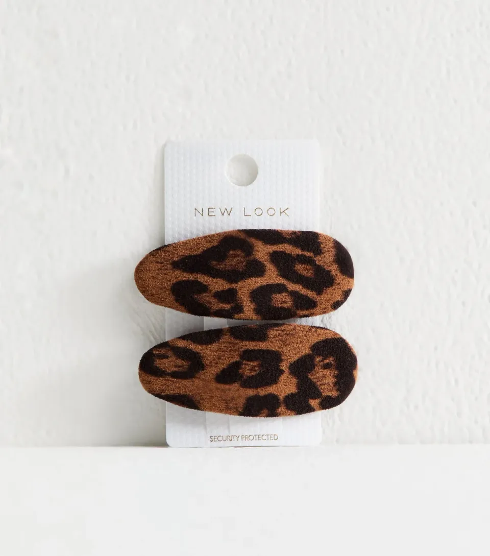 Pack of 2 Brown Leopard Print Faux Suede Hair Slides