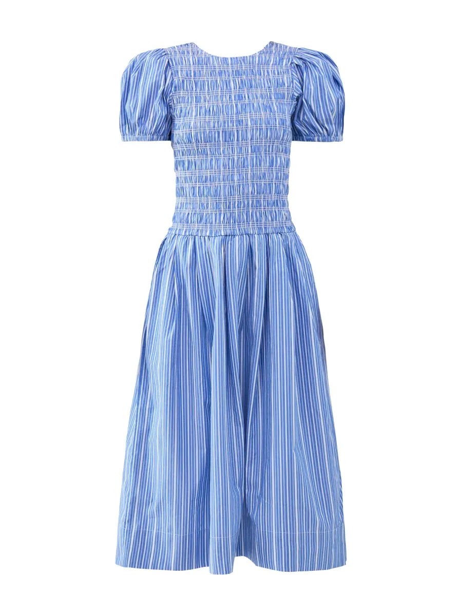 Stripe Smocked Pleated Midi Dress