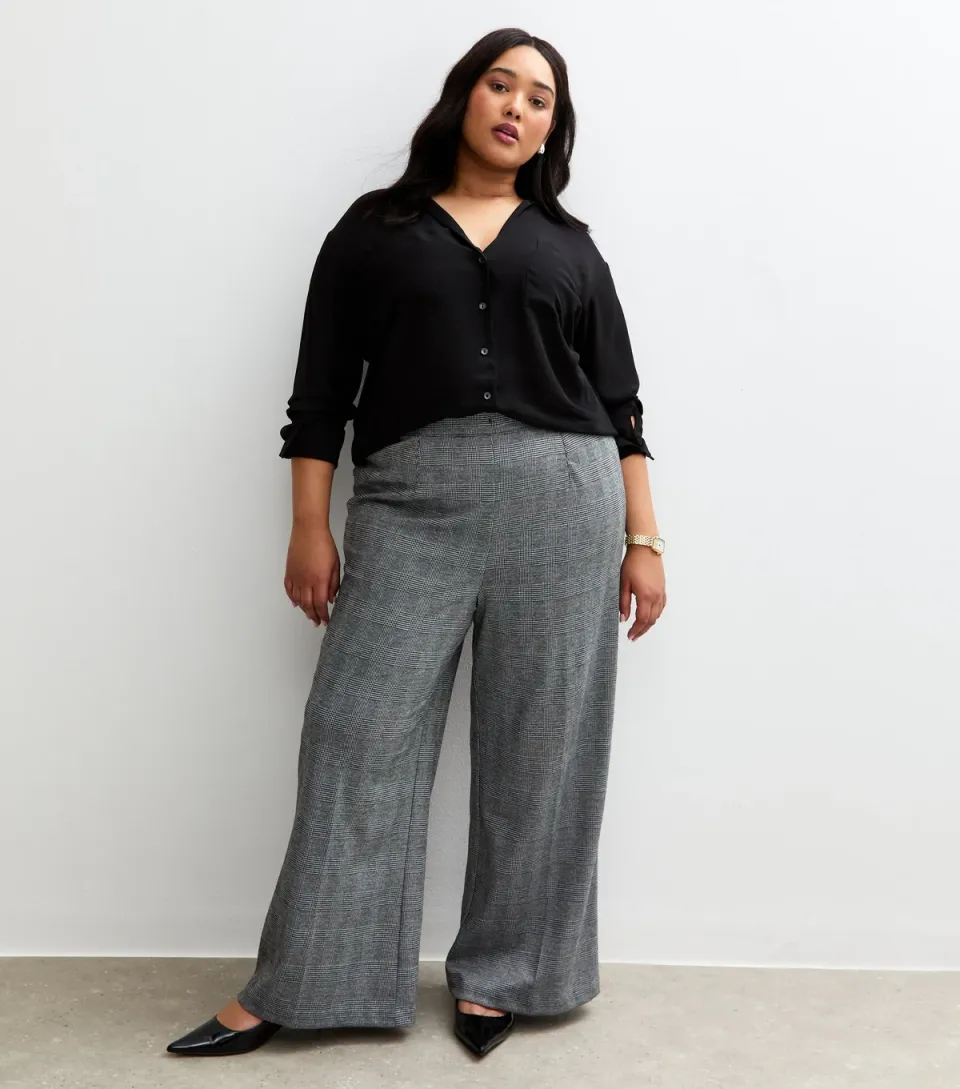 Women's Plus Size Black Check Pattern Wide Leg Trousers Curves