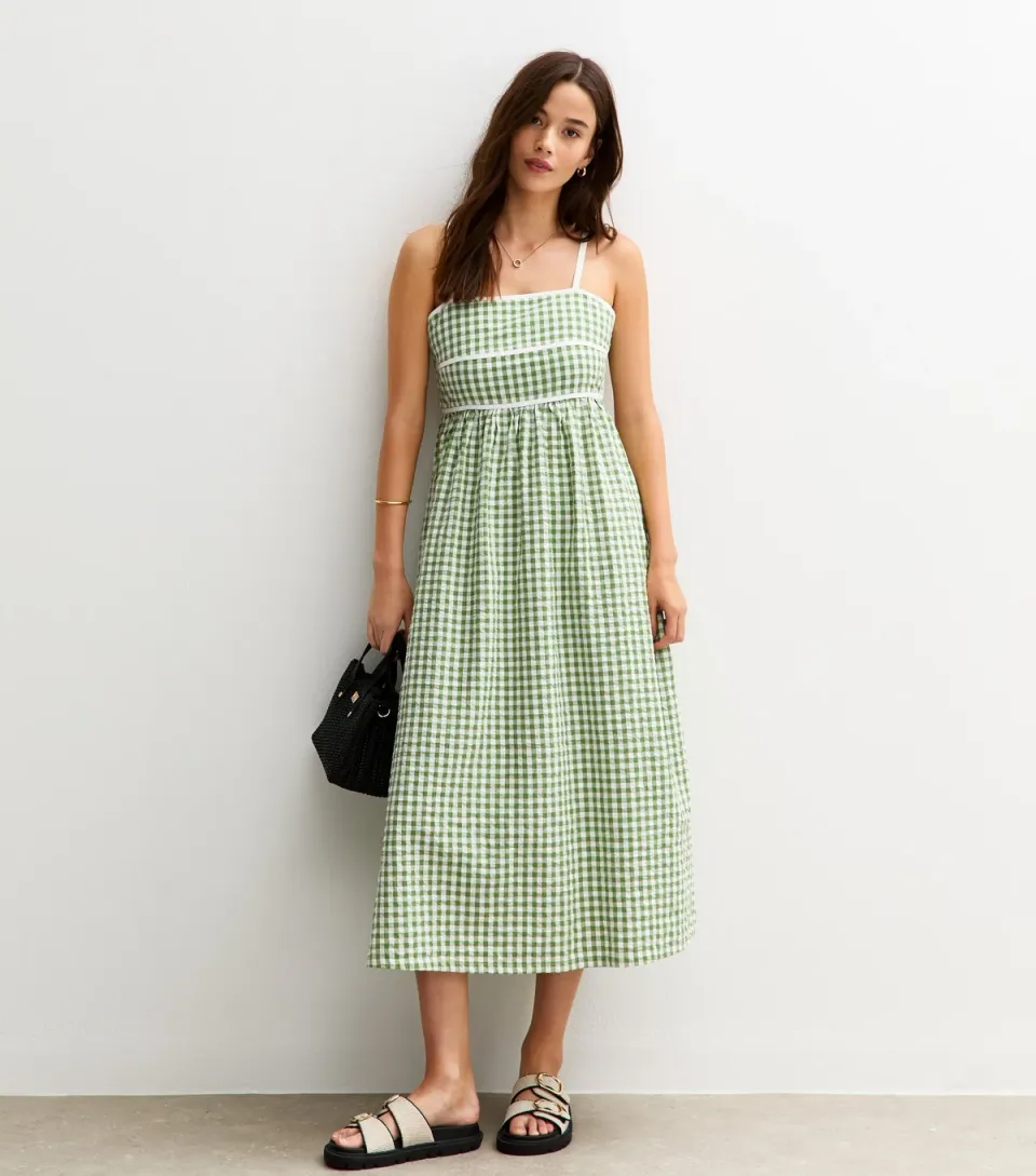 Women's Green Gingham Check Strappy Midi Dress