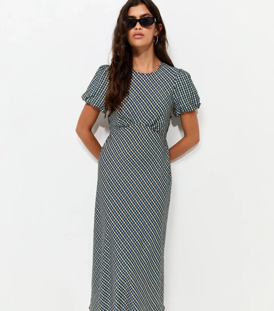 Women's Blue Check Puff Sleeve Midi Dress