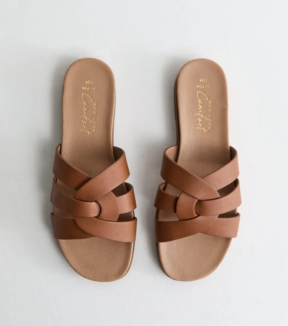 Women's Wide Fit Tan Faux Leather Interwoven Straps Mule Sandals Vegan