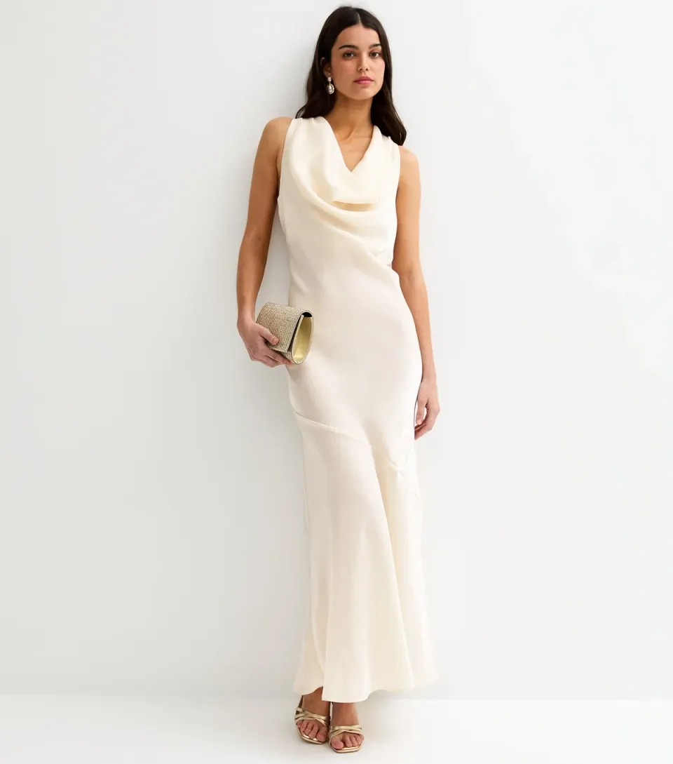 Women's Cream Sparkly Satin Cowl Neck Maxi Dress