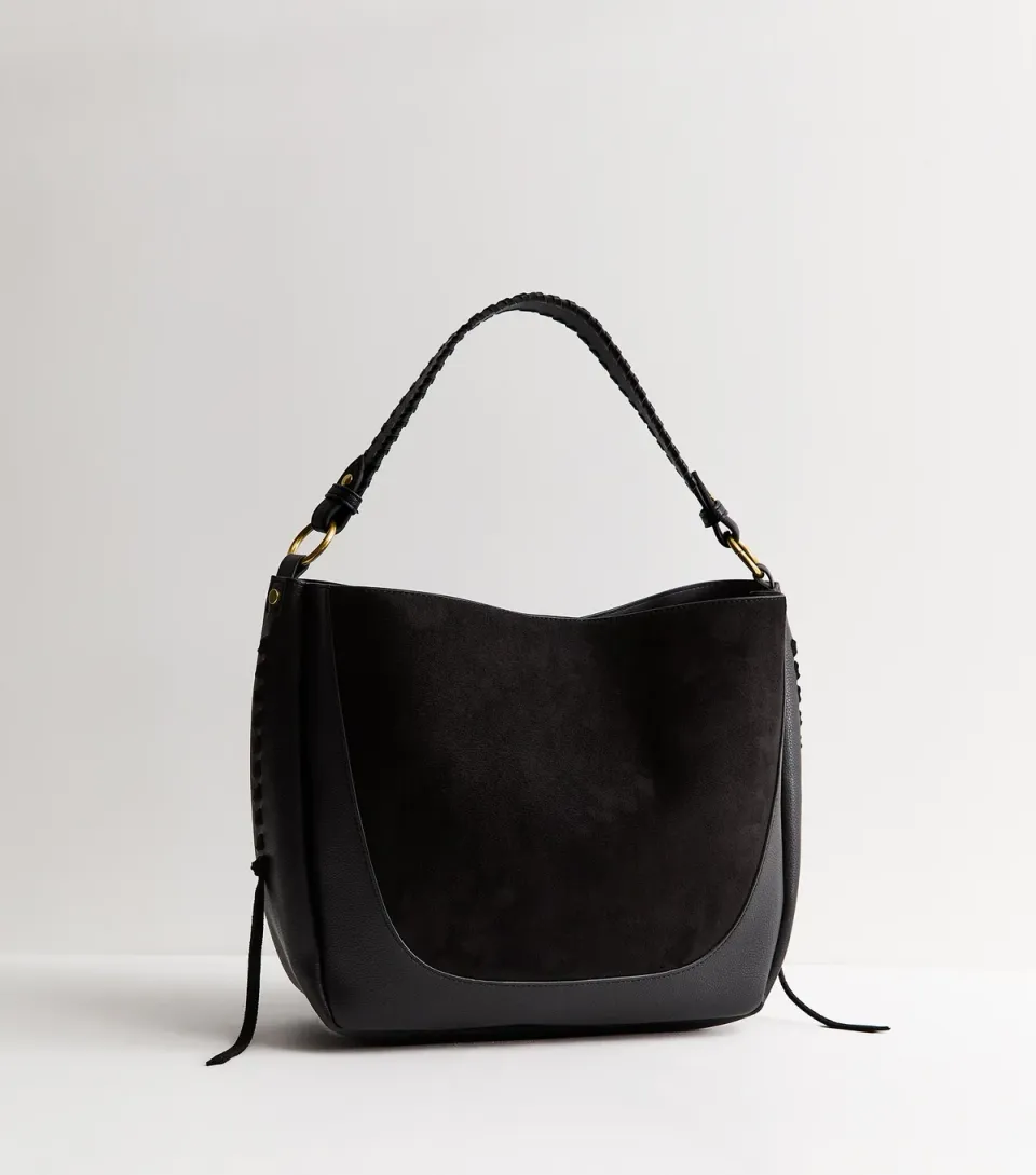 Black Faux Leather Whipstitch Bucket Bag