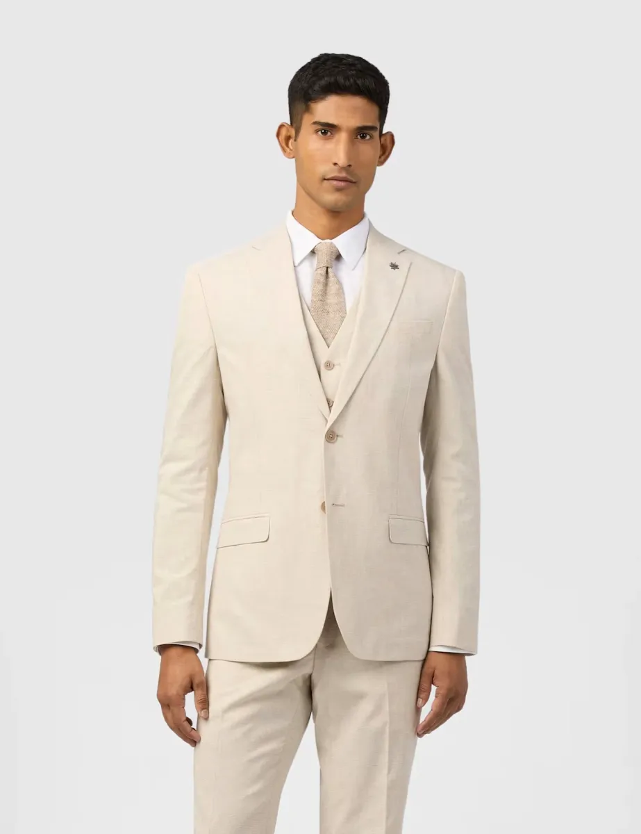 Slim Fit Linen Blend Check Suit Jacket Cream Mix