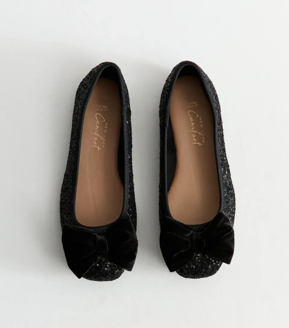 Women's Extra Wide Fit Black Sequin Ballet Flats Vegan