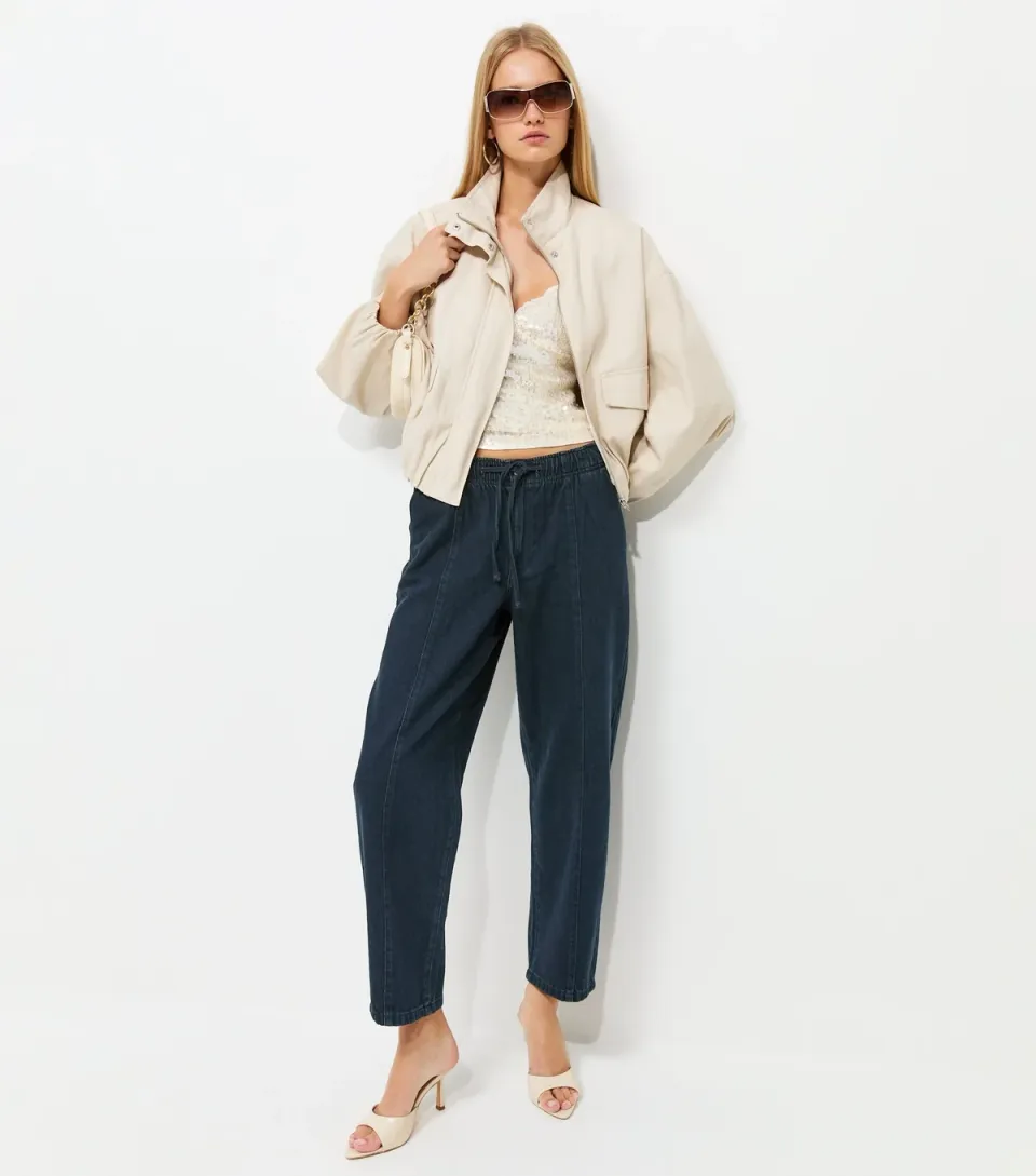 Women's Blue Barrel Leg Denim Trousers