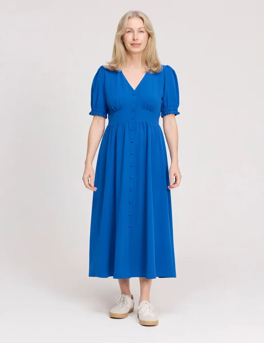 V-Neck Button Through Midi Tea Dress Cobalt