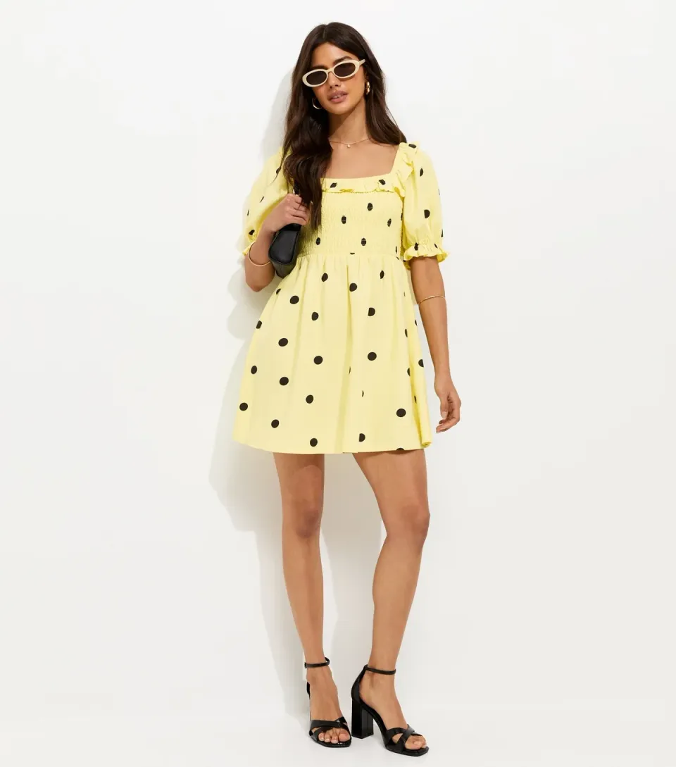 Women's Yellow Polka Dot Shirred Short Sleeve Mini Dress