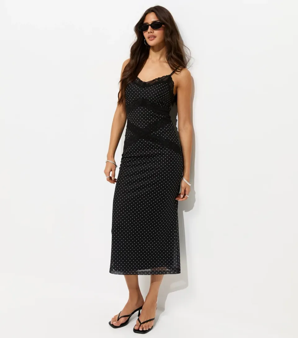 Women's Black Polka Dot Mesh Lace Trim Midi Dress
