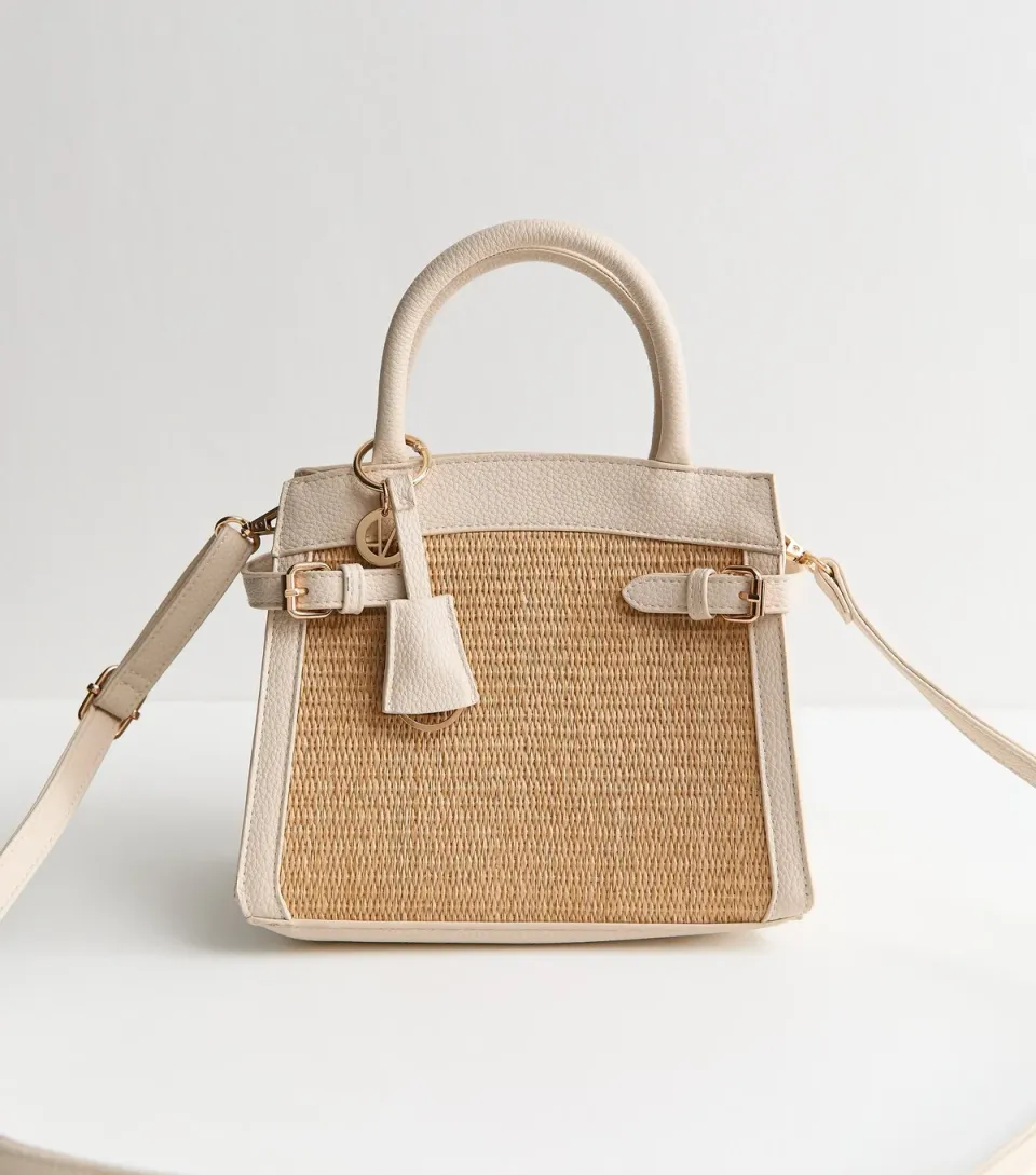Cream Mini Raffia Look Triple Compartment Cross Body Bag